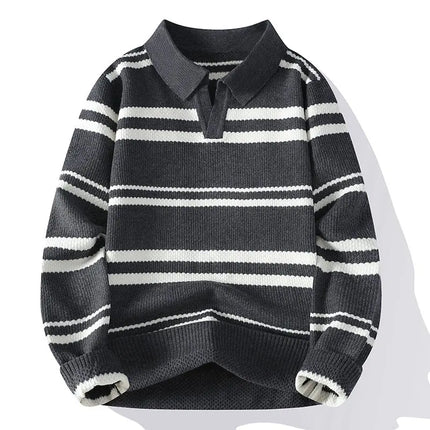 Autumn Winter Men's Striped Polo Collar Knitted Sweater Youthful Vitality Long Sleeve Turn Down Collar Casual Knit Pullovers Men