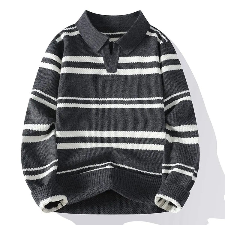 Autumn Winter Men's Striped Polo Collar Knitted Sweater Youthful Vitality Long Sleeve Turn Down Collar Casual Knit Pullovers Men