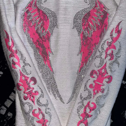 Y2K Vintage Rhinestone Hooded Jacket Women Silver Crystal Angel Wing Cross Zip Pink Flower Tribal Print Slim Fit Sweatshirt