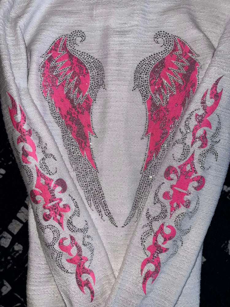 Y2K Vintage Rhinestone Hooded Jacket Women Silver Crystal Angel Wing Cross Zip Pink Flower Tribal Print Slim Fit Sweatshirt