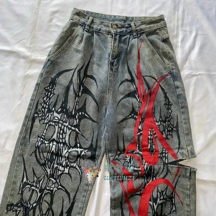 Jeans Y2K Hip Hop Strappati a Gamba Larga, Nuovi Pantaloni Baggy in Denim, Jeans da Donna Autunnali Retrò Harajuku Gothic con Stampa a Spuntoni, Cool Streetwear