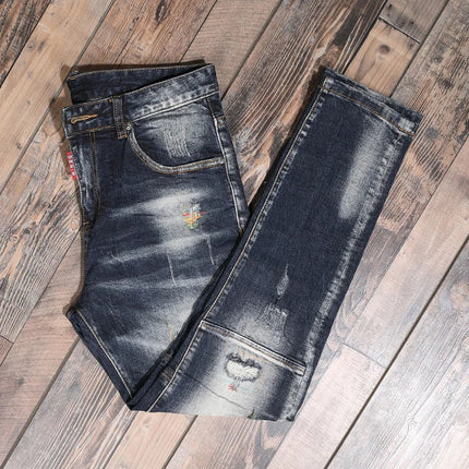 Fashion Streetwear Men Jeans Retro Black Blue Elastic Slim Fit Ripped Jeans Men Spliced Designer Embroidery Hip Hop Denim Pants PlatiNum