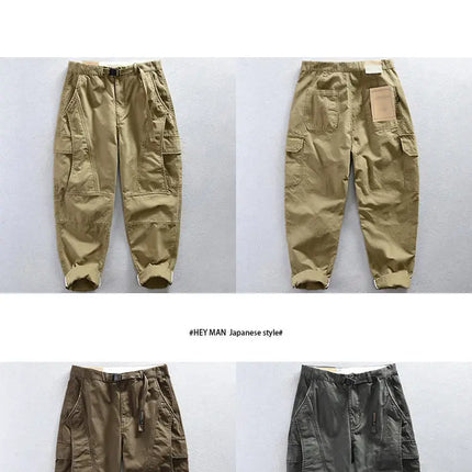 Autumn Men's Pants Multi-Pocket Cargo Pants Retro Solid Color Simple Loose Button Elastic Strap Casual Pants