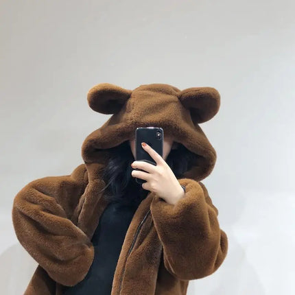 Cosy Loose Faux Fur Coat Womens Faux Fur Fuzzy Hooded Fluffy Ears Surcoat Overcoat Woman Winter Warm Outerwear Snowy Day Wrap