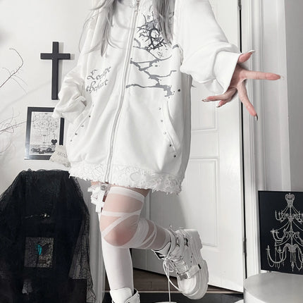 Original Print Subculture Dark Loose Cat Ear Distressed Hooded Sweatshirt Jacket Zip Up Hoodie Oversized Hoodie