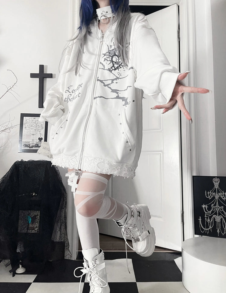 Original Print Subculture Dark Loose Cat Ear Distressed Hooded Sweatshirt Jacket Zip Up Hoodie Oversized Hoodie