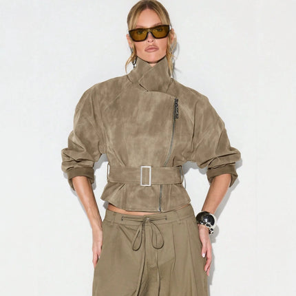 Belt Zipper Top with Waist Cinching American and European Style Streetwear Notched Lapel Thick No Hood Women Autumn Jacket