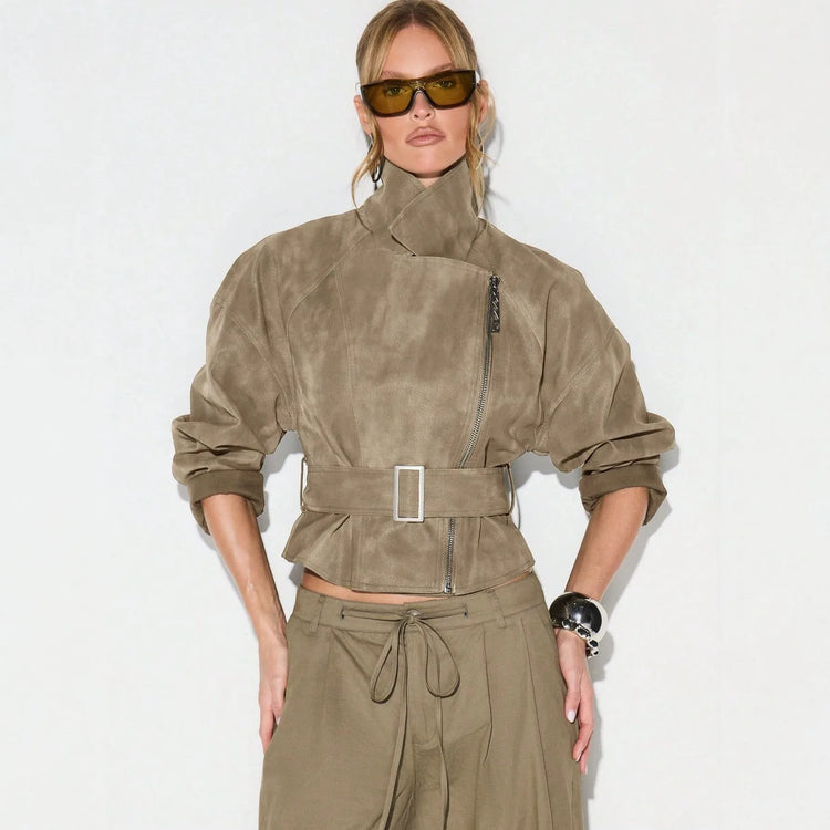 Belt Zipper Top with Waist Cinching American and European Style Streetwear Notched Lapel Thick No Hood Women Autumn Jacket