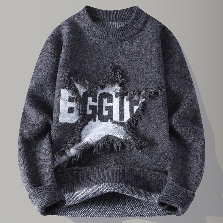 Edgy Star Fringe Knit Sweater – Distressed Lettering Crewneck for Men
