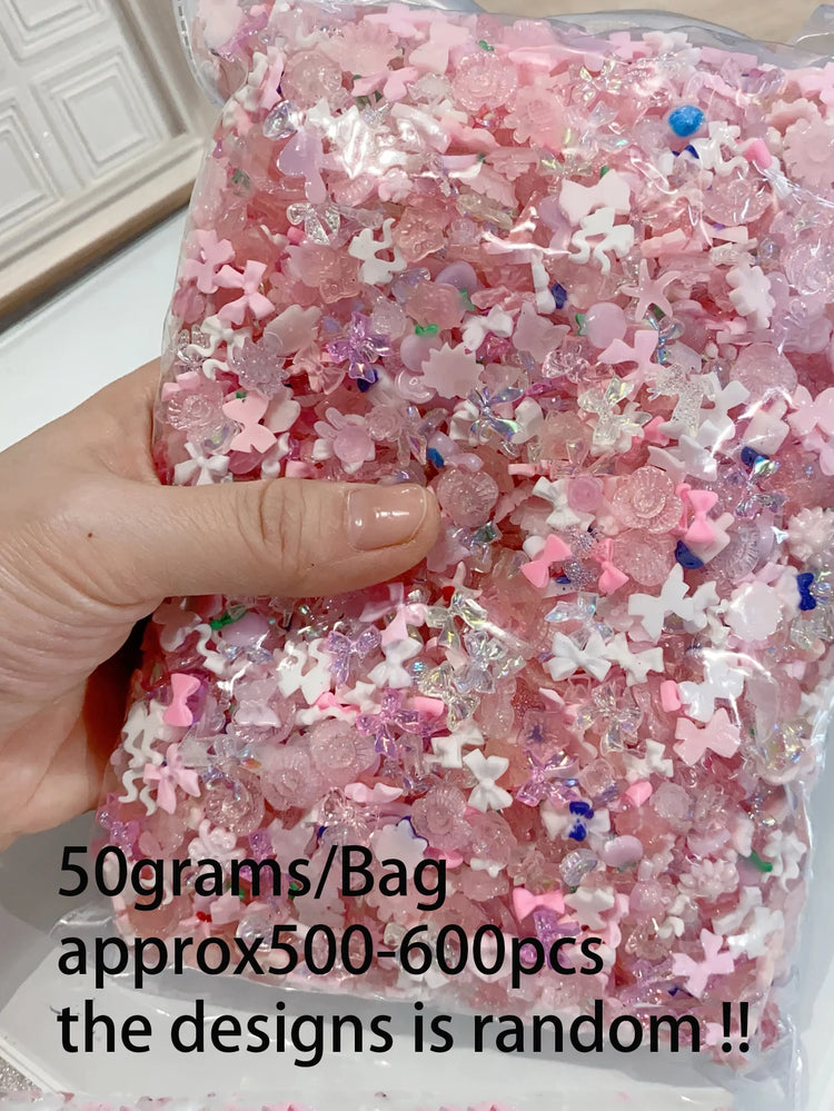 500-600pcs Mixed Aurora Pink Bow/Flower Nail Charms 50g Kwaii Resin Butterfly,Bowknot Y2K Nail Art Decorations DIY Manicure Part