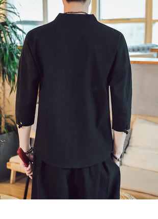 Kimono estivo stile giapponese manica corta uomo nuovo cotone a mezza manica lino traspirante abbigliamento uomo t-shirt giapponese Yukata top