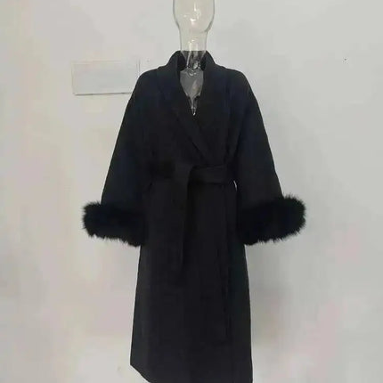 UCXQ Elegant Woolen Coat Temperament Office Lady Overcoats Fur Patchwork Long Sleeve Beautiful Women's Coats 2025 Winter New
