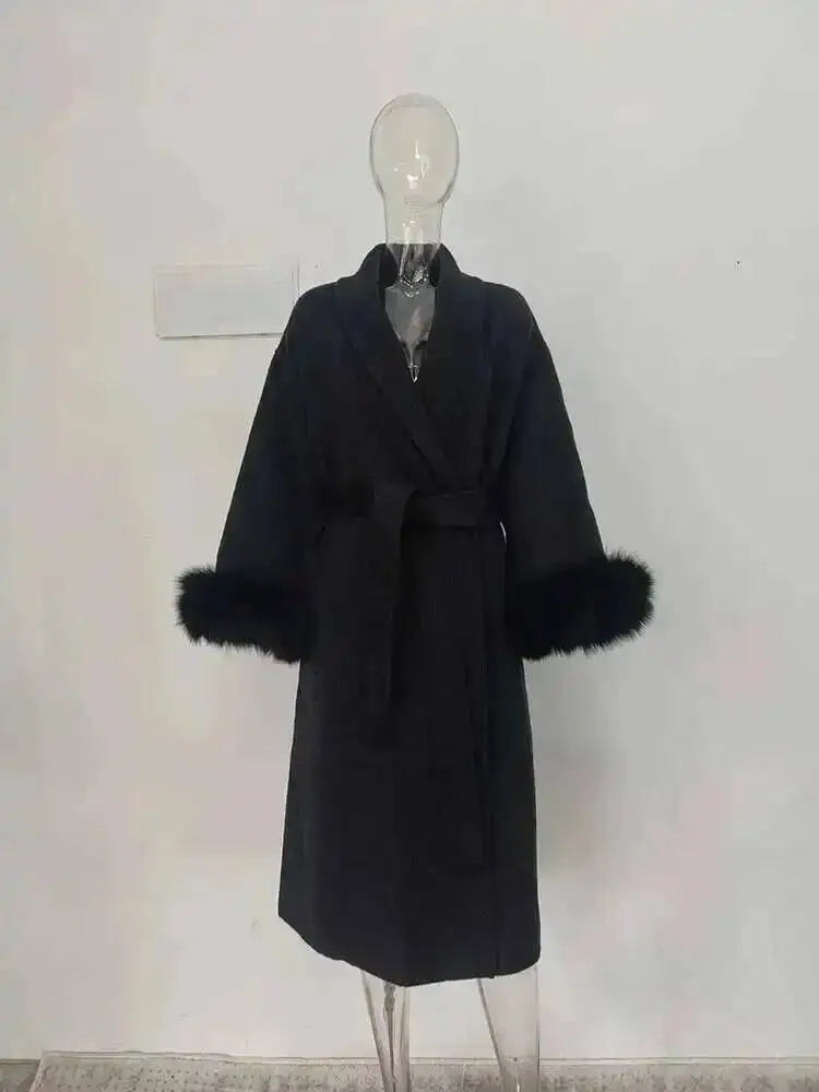 UCXQ Elegant Woolen Coat Temperament Office Lady Overcoats Fur Patchwork Long Sleeve Beautiful Women's Coats 2025 Winter New