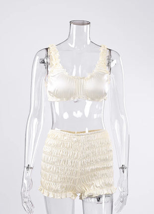 Pigiama da donna HiLoc in raso sexy, completo due pezzi con top corto e pantaloncini a vita elasticizzata con arricciatura, tinta unita, per casa.