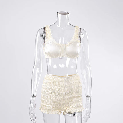Pigiama da donna HiLoc in raso sexy, completo due pezzi con top corto e pantaloncini a vita elasticizzata con arricciatura, tinta unita, per casa.