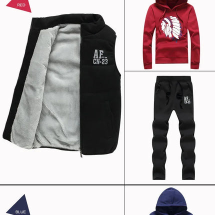 3 Pieces Set Hoodies+Vest+Pants Casual Men's Track Suit Clothing Coats Winter Thick Warm Tracksuit for Men Printed Mens Set Vest