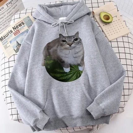 Cute Watermelon Cat Silly Cat Meme Printed Hoodies 90s Casual Sweatshirts Graphic Y2k Hooded Women's Gothic Streetwear Clothes