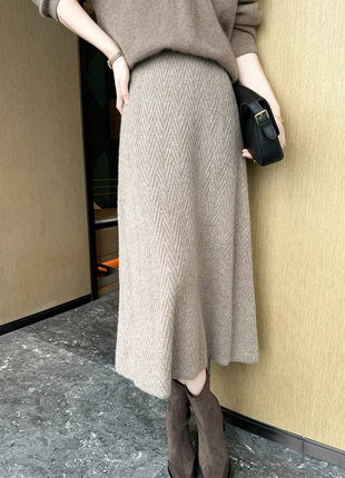 100% Cashmere Skirt Women's Mid-calf Dress Herring Bone High Waist High-end Versatile Knitted Skirt Autumn Winter Office Lady PlatiNum