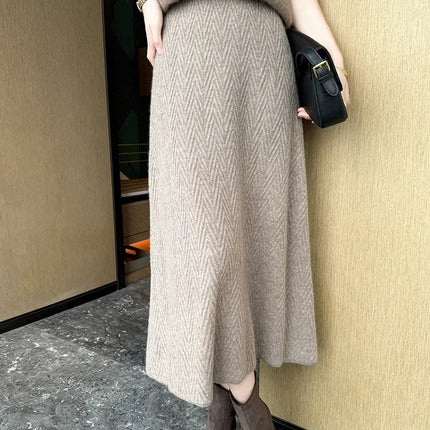 100% Cashmere Skirt Women's Mid-calf Dress Herring Bone High Waist High-end Versatile Knitted Skirt Autumn Winter Office Lady PlatiNum