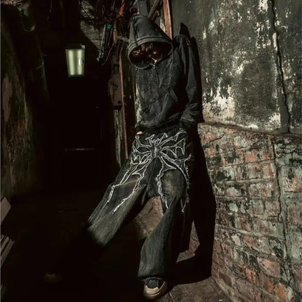 Y2K Retro Oversize Baggy Pantaloni lavabili unisex Phantom Jeans Uomo High Street Spider Toppa ricamata Hip Hop Streetwear Gotico