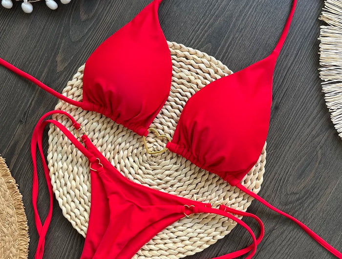 Costume da bagno bikini sexy da donna a tinta unita, due pezzi, rosso platinumshop