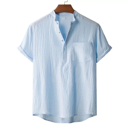 Men's Summer Cotton Linen T-Shirt, Beach Style, Short Sleeve, Henley Neck, for Vacations, Casual, Lightweight, Breathable and Comfortable