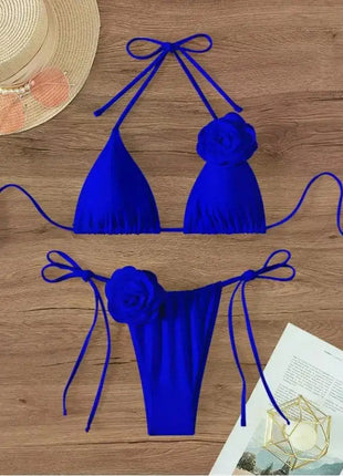 Bikini Sexy con Fiori 3D e Lacci Sulla Schiena, Costume da Bagno Femminile Due Pezzi, Set Bikini, Abbigliamento da Spiaggia, Taglie S-L PlatiNum