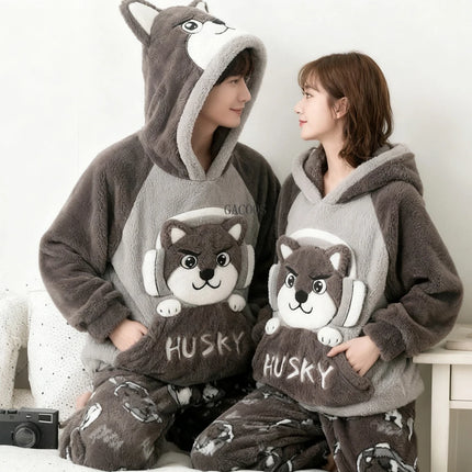New 2026 Couple Pajamas Set Women's Thickened Fleece-lined Coral Velvet Men Sleepwear For Winter Cute Cat Homewear