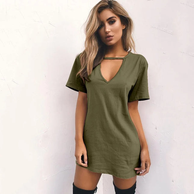 Sexy Summer Dress Deep V Neck Pleated Women Dress Hollow Out Solid Color Hanging Neck White Mini Dress