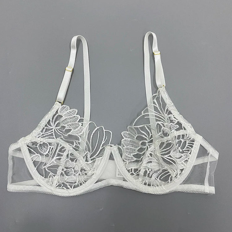 Floral Embroidery Erotic Lingerie Woman Sexy Underwear Brief Set with Garters Transparent Underwire Erotic Brief Sets Intimate