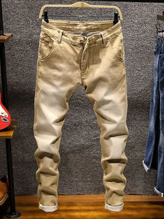 American Elastic Straight Jeans Men Ripped Worn-out Slim-fit Cotton Denim Pants Korean Style Fashion Trousers Men's Clothing