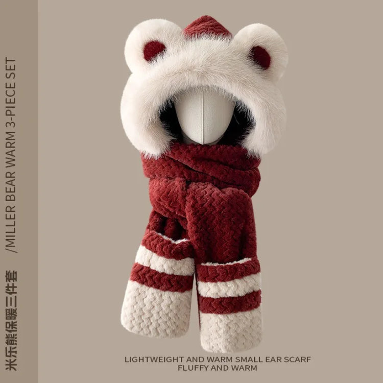 Three-in-one hat Winter Women's Plus  Bear Hat Scarf Gloves One-piece Hooded Cute Warm Plush Three-piece Suit To Prevent Cold