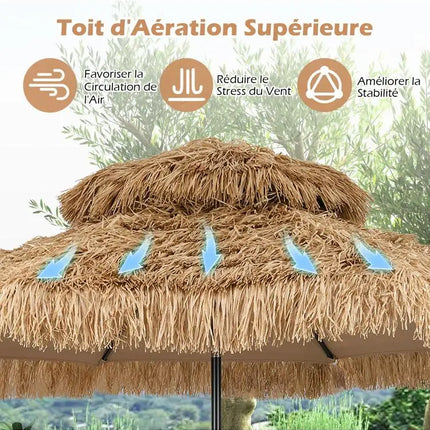 Ombrellone Tiki con Tetto in Paglia da 299 cm, Parasole Tropicale Hawaiano 30 °   Tettoia Ventilata Regolabile a 2 Sezioni Staccabili per Patio, Piscina, Spiaggia