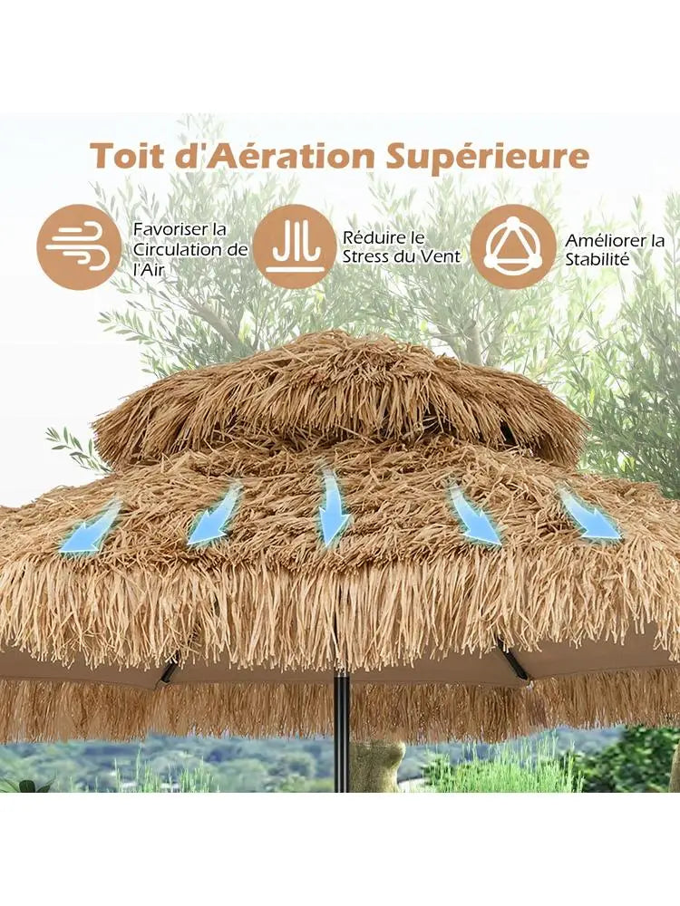 Ombrellone Tiki con Tetto in Paglia da 299 cm, Parasole Tropicale Hawaiano 30 °   Tettoia Ventilata Regolabile a 2 Sezioni Staccabili per Patio, Piscina, Spiaggia