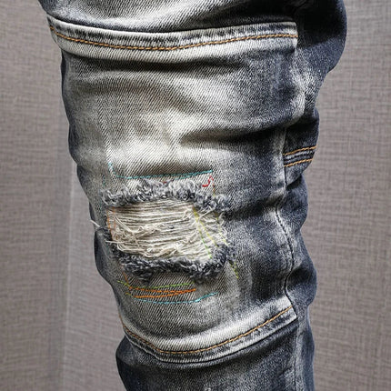 Fashion Streetwear Men Jeans Retro Black Blue Elastic Slim Fit Ripped Jeans Men Spliced Designer Embroidery Hip Hop Denim Pants PlatiNum