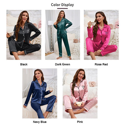 Vestiti per la casa delle donne Pigiama in raso Autunno Tasca a maniche lunghe Ricamo a forma di cuore Top e pantaloni Pigiama Femme Loungewear Pj Set