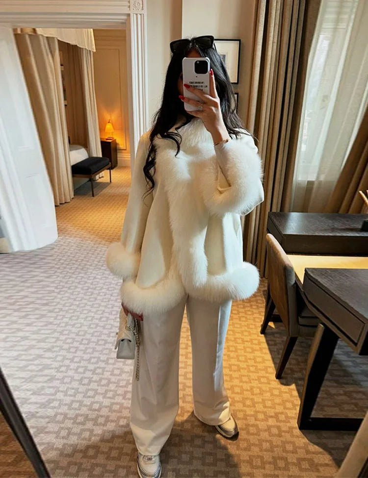 ZADORIN Elegant White Woolen Cape Faux Fur Coat Woman Fur Trim Loose Plush Fur Jacket Woman 2025 Winter Fur Faux Coat Outerwears