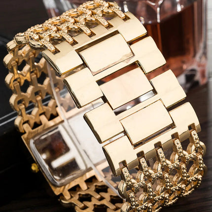 Orologio al quarzo da donna in oro nobile di lusso, orologio da donna con cinturino scheletrato, orologio completo platinumshop