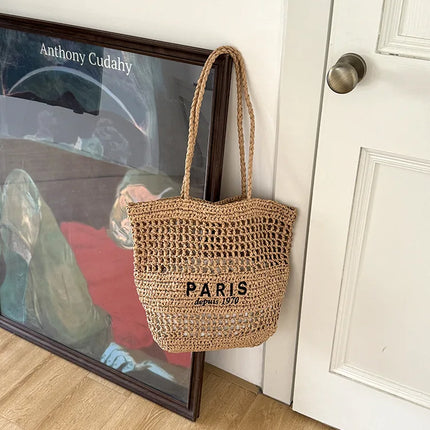 Hylhexyr Women's Letter Embroidered Shoulder Bag Woven Straw Bag Large Capacity Empty Holiday Beach Bags
