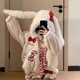 Thickened Winter Pajamas Onesie Coral Fleece Hooded Sleepwear Y2K Kawaii Rabbit Anime Women Pajamas Cartoon Warm Home Clothing