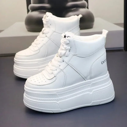 10CM 12CM 14CM High Top Leather Women Autumn Spring Platform Wedge Women Fashion Sneakers Chunky Shoes Vulcanize Skateboard - PlatiNum