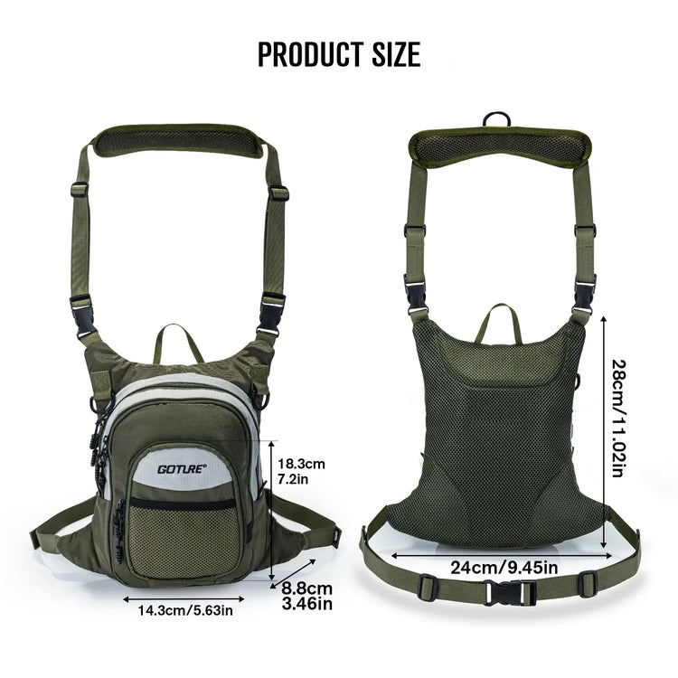 Borsa da Pesca a Mosca Goture 100% Poliestere, Borsa da Petto Ultra Leggera con Tasche Multiple, Borsa per Accessori da Pesca, Borsa a Tracolla per Esterni