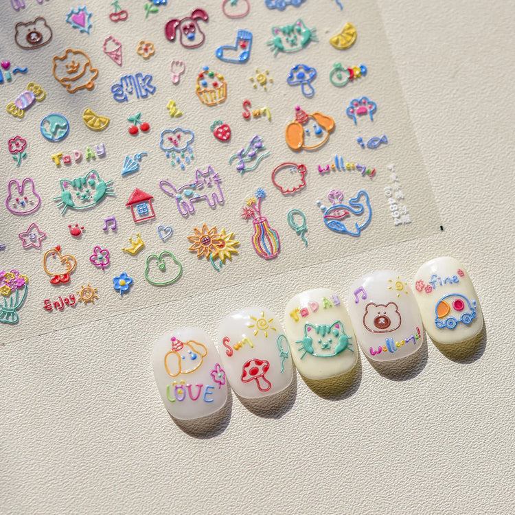 1Pcs 5D Graffiti Kitten Puppy Nail Art Sticker Lovely Lines Animal Cat Embossed Nail Slider Self-Adhesive Cat/Dog Manicure Decal