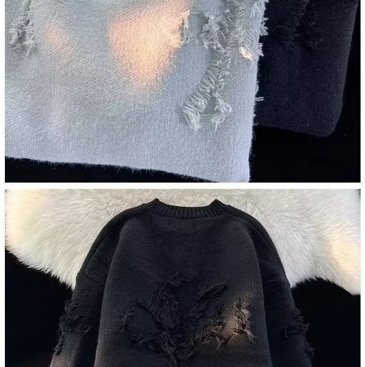 2026 Street Style Broken Holes Sweaters for Men Autumn Winter Thick Knitted O Neck Pullovers Vintage Casual Couple Sweater Coats