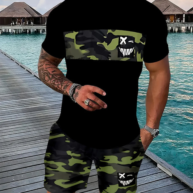 2026 Summer New Arrival Men's Casual Two-piece Set 2026 Striped Print Short Sleeve Shirt and Sports Shorts Men's Fitness Set