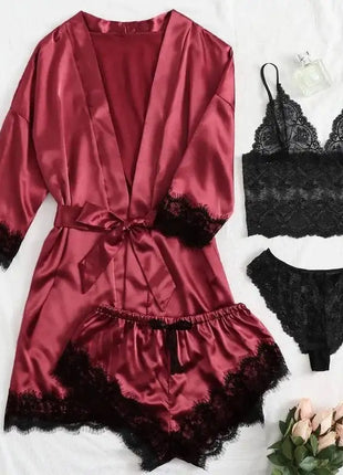 Pigiama da donna lussuoso con scollo a V in 4 pezzi camicia da notte sexy pizzo in raso halter accappatoio in raso di seta camicia da notte per la casa pigiama sexy per la casa platinumshop