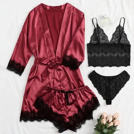 Pigiama da donna lussuoso con scollo a V in 4 pezzi camicia da notte sexy pizzo in raso halter accappatoio in raso di seta camicia da notte per la casa pigiama sexy per la casa platinumshop
