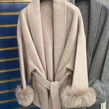 UCXQ Elegant OL Office Lady Overcoats Fur Patchwork Long Sleeve Woolen Coat Beautiful Women's Clothing Jacket Autumn 2025 Winter