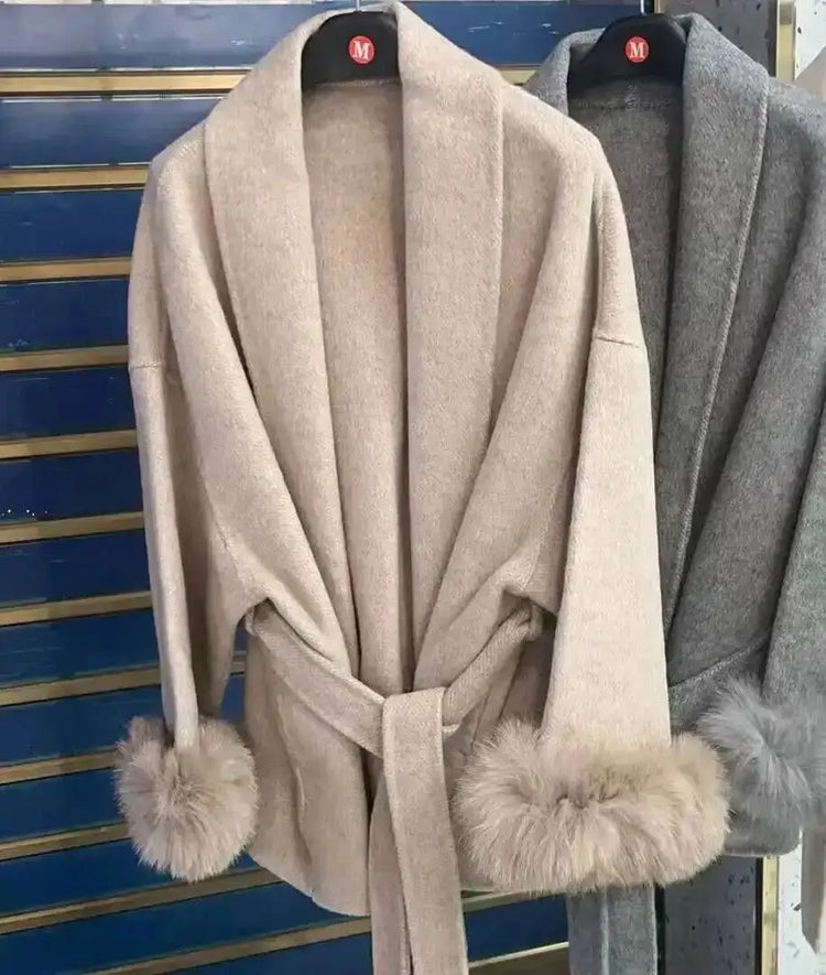 UCXQ Elegant OL Office Lady Overcoats Fur Patchwork Long Sleeve Woolen Coat Beautiful Women's Clothing Jacket Autumn 2025 Winter