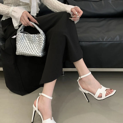 Alionly 2026 New Summer Fashion Open Toe Sandals Women Metal Buckle Narrow Band Thin Low Heel Gladiator Party Shoes
